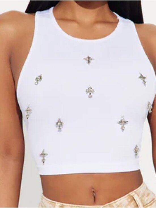 Tops - Fashion Nova Cross Charm Tank Top - White Ribbed Shirt with Silver Charms